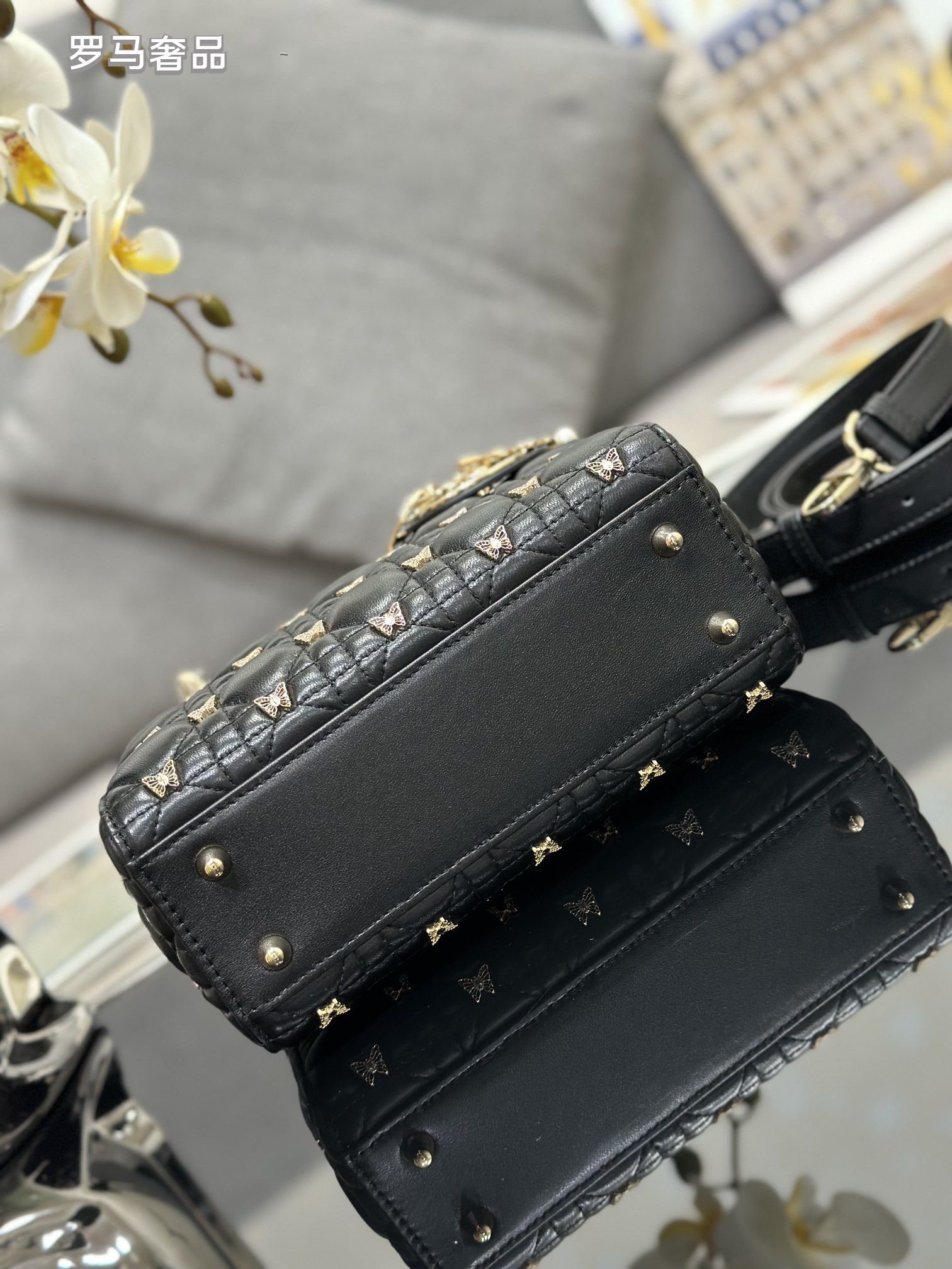 Lady Dior Small Handbag - Black Quilted Leather with Butterfly Embellishments