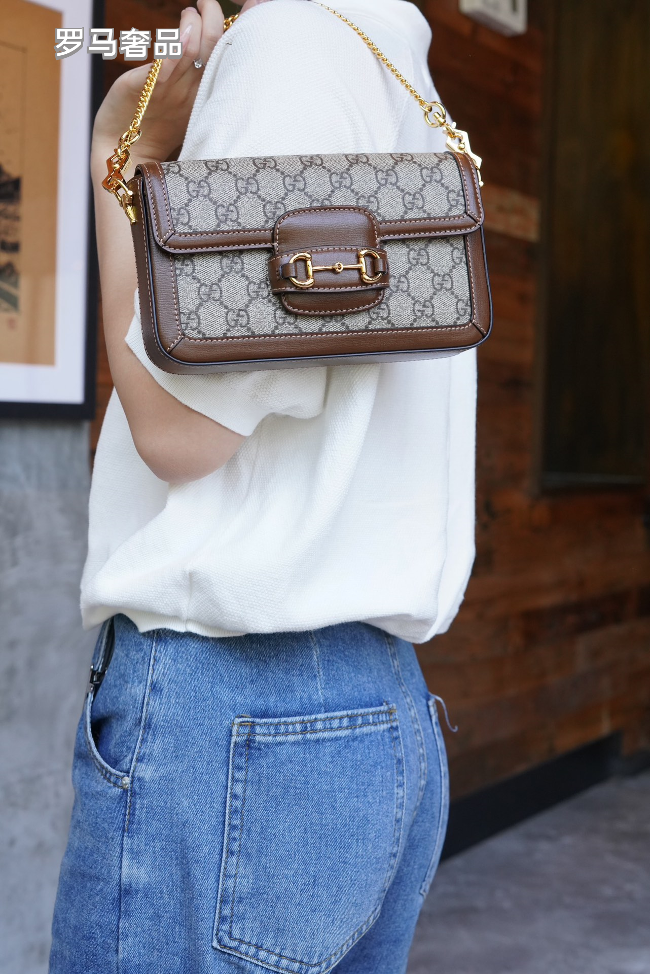 Gucci Horsebit 1955 Mini Shoulder Bag in GG Supreme Canvas with Brown Leather Trim